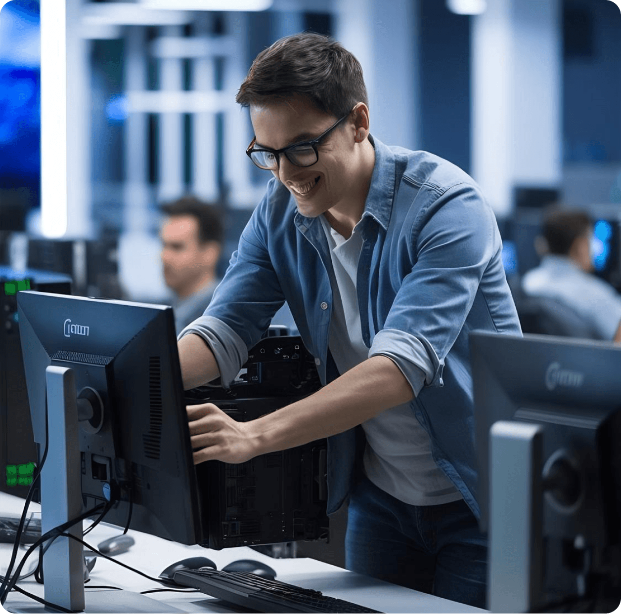 Brightside IT technician engineer working with dual screens